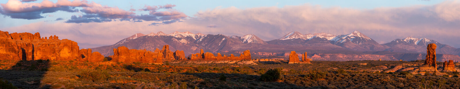Panoramic view of La Sal Mountains at sunrise in Utah